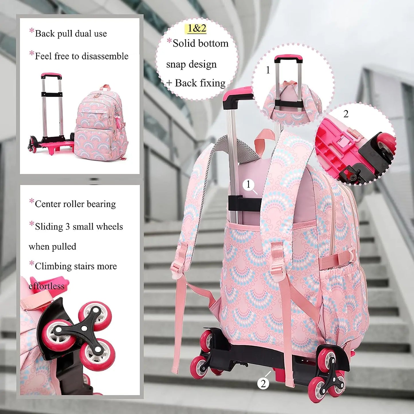 LK-006-UU】Rolling School Bags for Girls Backpack Children Waterproof School Backpacks with Wheels Middle School Trolley Luggage Back Pack