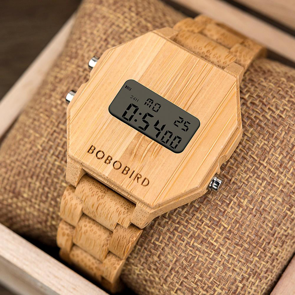 WM-C001-UU】Bobo Bird Men's Bamboo Digital Wrist Watch Night Vision Lcd Unique Display