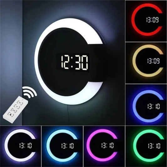 WT-002-UUJ】7 Colors LED Wall Clocks Thermometer Remote Control Colorful Creative LED Mirror Wall Clock Ring Light Digit Clock Home Decor