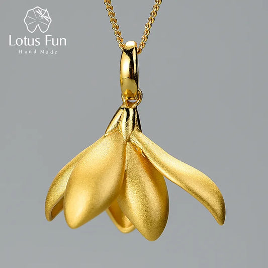 JN-010-UU】Lotus Fun 18K Gold Elegant Magnolia Flower Pendant without Necklace Real 925 Sterling Silver Handmade Fine Jewelry