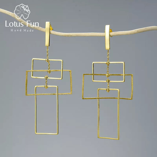 JE-015-UU】Lotus Fun Real 925 Sterling Silver Fine Jewelry Fashion Elements 18K Gold Geometic Rectangular Design Dangle Earrings for Women