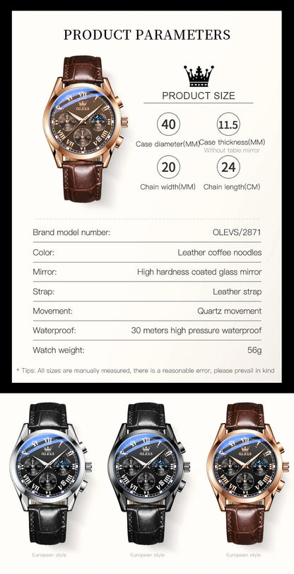 MW-013-UU】OLEVS Quartz Watch for Men Top Brand Luxury Watches Moon Phase waterproof Mens watches Fashion Chronograph Wrist Watches For Men