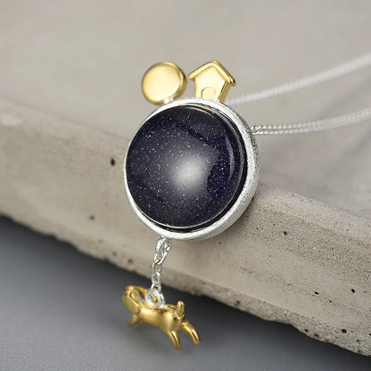 JN-009-UU】Lotus Fun Real 925 Sterling Silver Natural Gemstone Handmade Fine Jewelry Dog Escape From the Earth Pendant without Necklace