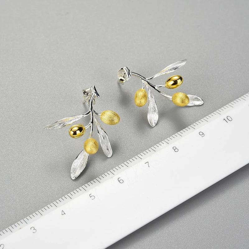 JE-009-UU】Lotus Fun Olive Leaves Branch Fruits Unusual Earrings for Women Real 925 Sterling Silver Original Statement Wedding Fine Jewelry