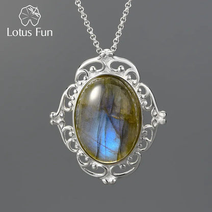 JN-014-UU】Lotus Fun Real 925 Sterling Silver Natural Labradorite Stone Handmade Fine Jewelry Vintage Pendant without Necklace