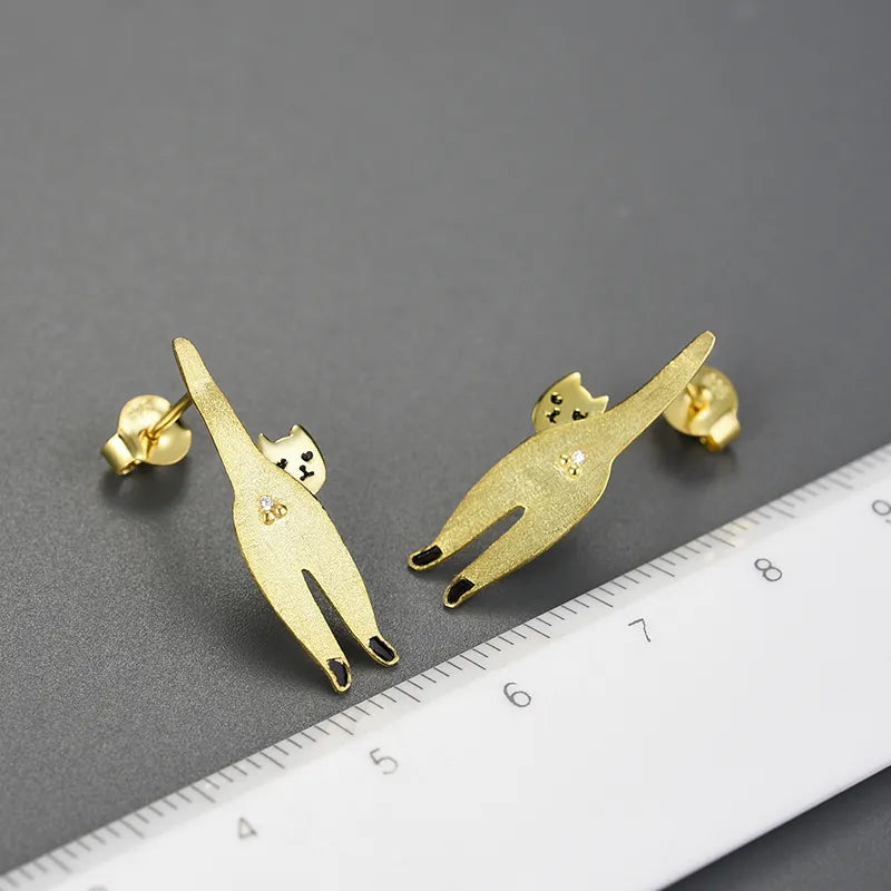 JE-020-UU】Lotus Fun 18K Gold Unusual Long Naughty Kitten Cat Stud Earrings for Women Gift Real 925 Sterling Silver Original Modern Jewelry