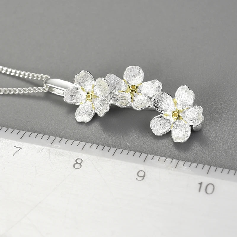 JN-002-UU】Lotus Fun Real 925 Sterling Silver Long Elegant Forget-me-not Flower Pendant Fashion Jewelry Chains and Necklace for Women Gift