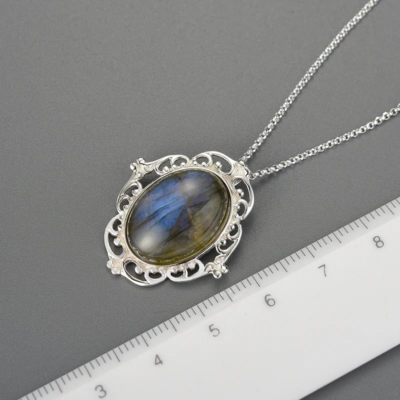 JN-014-UU】Lotus Fun Real 925 Sterling Silver Natural Labradorite Stone Handmade Fine Jewelry Vintage Pendant without Necklace