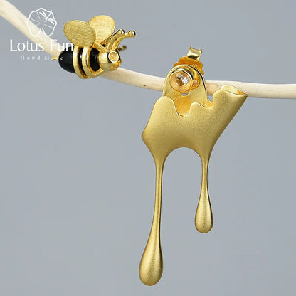 JE-002-UU】Lotus Fun Real 925 Sterling Silver Handmade Fine Jewelry 18K Gold Bee and Dripping Honey Asymmetric Stud Earrings