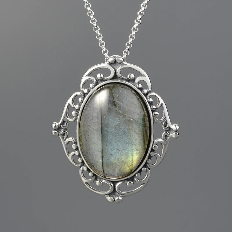 JN-014-UU】Lotus Fun Real 925 Sterling Silver Natural Labradorite Stone Handmade Fine Jewelry Vintage Pendant without Necklace