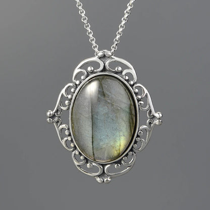 JN-014-UU】Lotus Fun Real 925 Sterling Silver Natural Labradorite Stone Handmade Fine Jewelry Vintage Pendant without Necklace