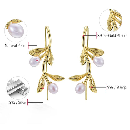 JE-022-UU】Lotus Fun Real 925 Sterling Silver Natural Pearl Earrings Fine Jewelry Waterdrops from the Olive Leaves Drop Earrings for Women