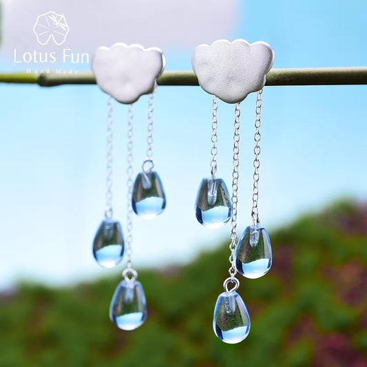 JE-007-UU】Lotus Fun Real 925 Sterling Silver Natural Crystal Gems Fine Jewelry Ethnic Cloud Long Tassel Drop Earrings