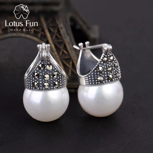 JE-006-UU】Lotus Fun Real 925 Sterling Silver Natural Mother of Pearl Earrings Fine Jewelry Vintage Fashion Drop Earrings