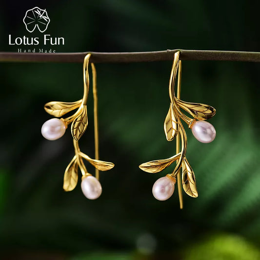 JE-022-UU】Lotus Fun Real 925 Sterling Silver Natural Pearl Earrings Fine Jewelry Waterdrops from the Olive Leaves Drop Earrings for Women