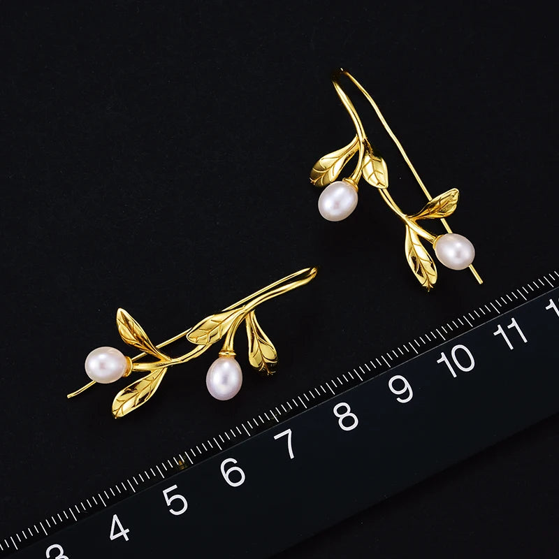 JE-022-UU】Lotus Fun Real 925 Sterling Silver Natural Pearl Earrings Fine Jewelry Waterdrops from the Olive Leaves Drop Earrings for Women