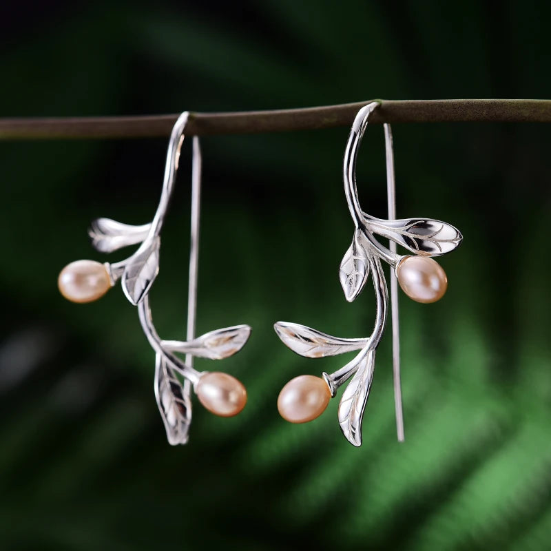 JE-022-UU】Lotus Fun Real 925 Sterling Silver Natural Pearl Earrings Fine Jewelry Waterdrops from the Olive Leaves Drop Earrings for Women