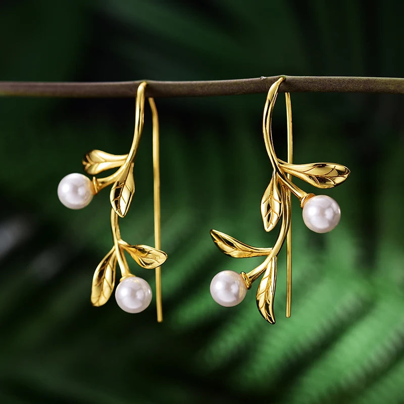 JE-022-UU】Lotus Fun Real 925 Sterling Silver Natural Pearl Earrings Fine Jewelry Waterdrops from the Olive Leaves Drop Earrings for Women