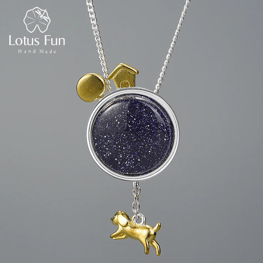 JN-009-UU】Lotus Fun Real 925 Sterling Silver Natural Gemstone Handmade Fine Jewelry Dog Escape From the Earth Pendant without Necklace