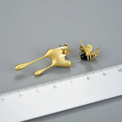 JE-002-UU】Lotus Fun Real 925 Sterling Silver Handmade Fine Jewelry 18K Gold Bee and Dripping Honey Asymmetric Stud Earrings