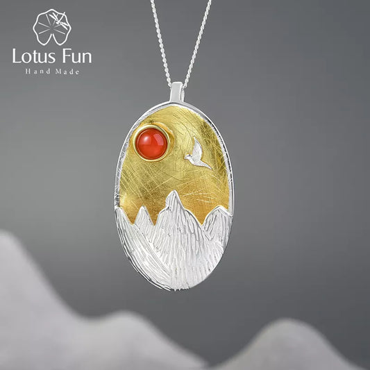 JN-008-UU】Lotus Fun Real 925 Sterling Silver Natural Red Agate The Sunset Pendant without Necklace Handmade Fine Jewelry