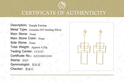 JE-015-UU】Lotus Fun Real 925 Sterling Silver Fine Jewelry Fashion Elements 18K Gold Geometic Rectangular Design Dangle Earrings for Women