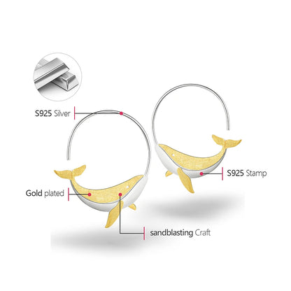 JE-003-UU】Lotus Fun 18K Gold Personality Whale Round Hoop Earrings for Women Real 925 Sterling Silver Original Animal Fashion Fine Jewelry