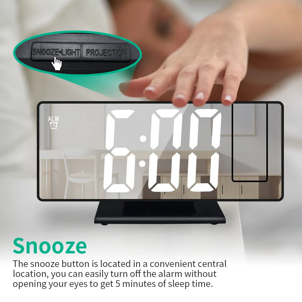 WT-007-UU】Digital Alarm Clock 180° Rotation Projection Alarm Clock with Time Temperature Snooze Table Clock 12/24H USB Projector LED Clock