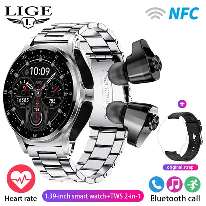 WM-A024-UUJ】LIGE NFC Smart Watch Men Women Smart Watch 2023 TWS Bluetooth Earphone Call Music Health Monitor 400mAh Sport Fitness