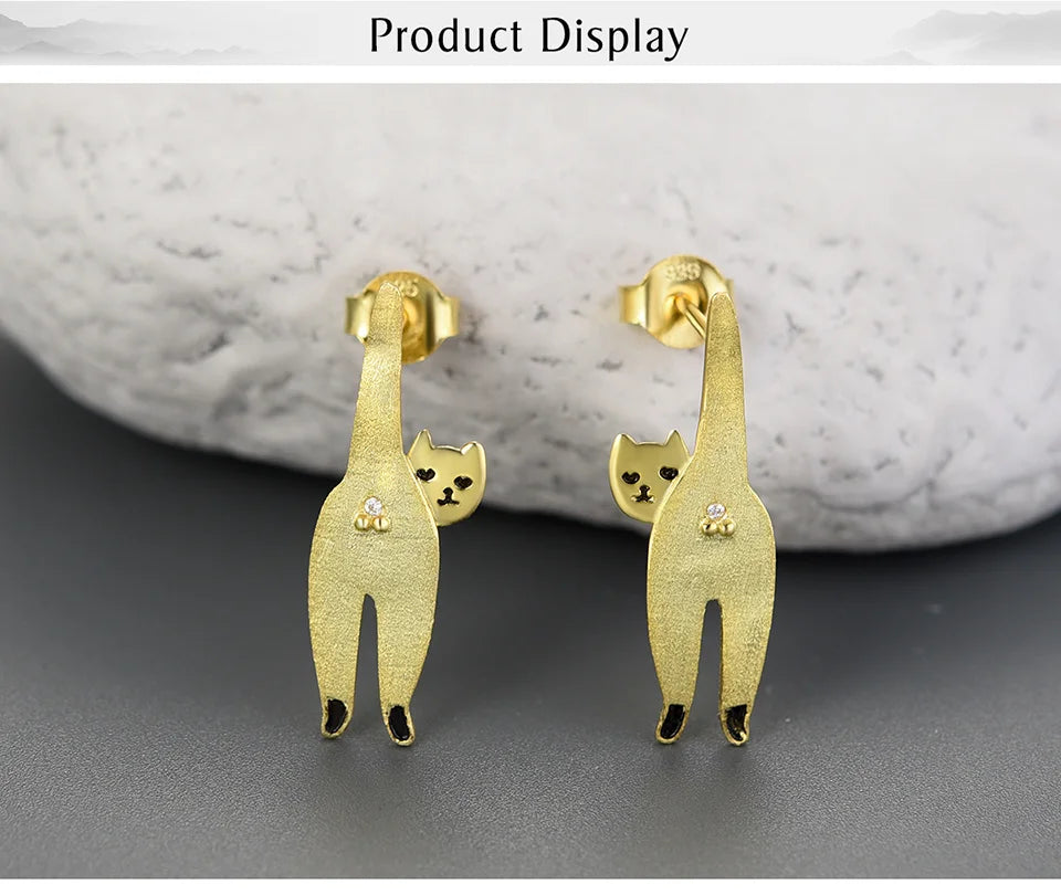 JE-020-UU】Lotus Fun 18K Gold Unusual Long Naughty Kitten Cat Stud Earrings for Women Gift Real 925 Sterling Silver Original Modern Jewelry