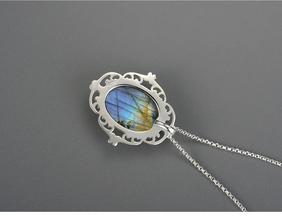 JN-014-UU】Lotus Fun Real 925 Sterling Silver Natural Labradorite Stone Handmade Fine Jewelry Vintage Pendant without Necklace