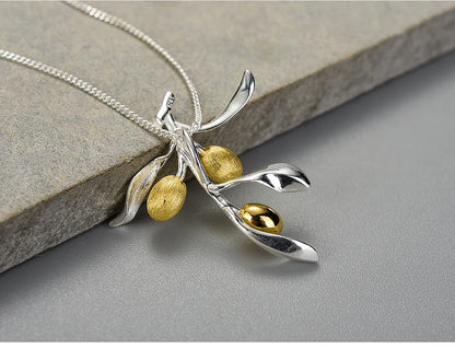 JN-003-UU】Lotus Fun Luxury Olive Leaves Branch Fruits Pendant Fashion Real 925 Sterling Silver Necklace for Women Vintage Fine Jewelry