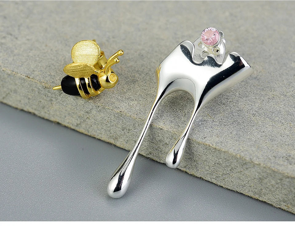 JE-002-UU】Lotus Fun Real 925 Sterling Silver Handmade Fine Jewelry 18K Gold Bee and Dripping Honey Asymmetric Stud Earrings