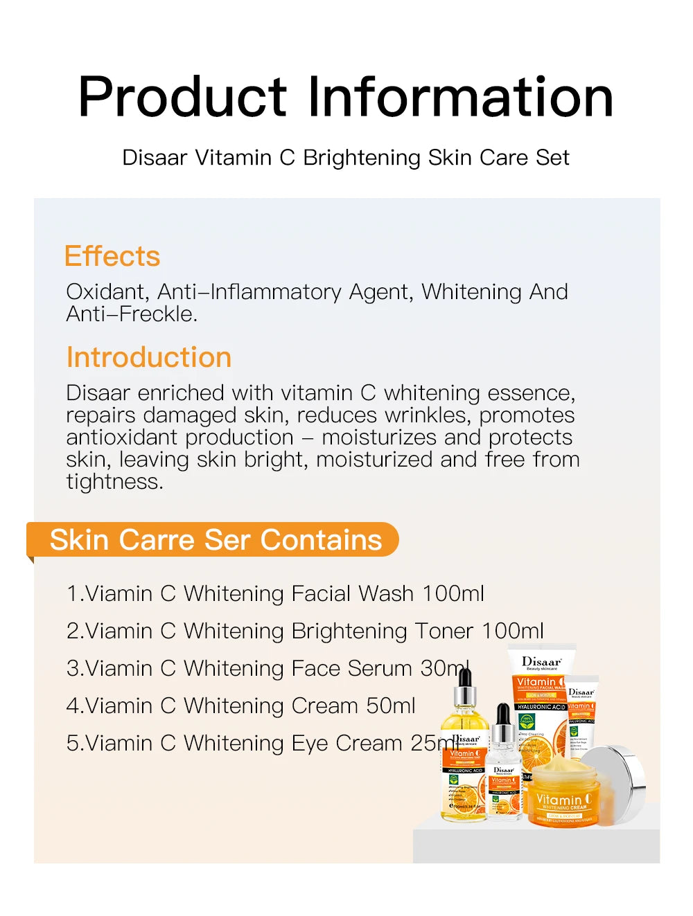 BS-006-UU】Disaar Vitamin C Facial Whitening Care Set Face Cleanser Fade Dark Circles Eye Cream Essence Lighten Spots VC Brightening Care