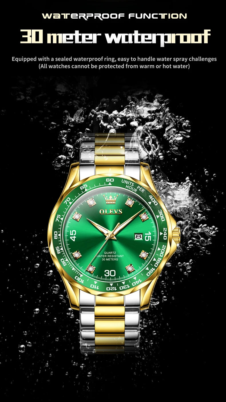 MW-007-UU】OLEVS Golden Green Quartz Watch for Men Luxury Brand Diving Waterproof Stainless steel Rubber Strap Men's Watches