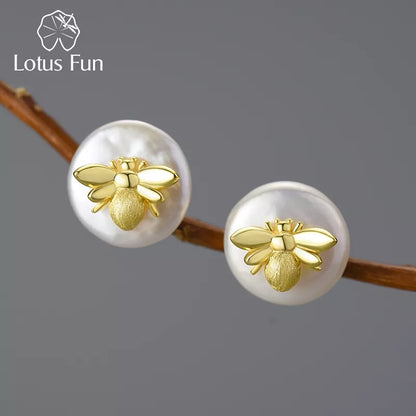 JE-021-UU】Lotus Fun Unusual Vintage Natural Baroque Pearl 18K Gold Bee Stud Earrings for Women Real 925 Sterling Silver Party Fine Jewelry