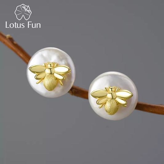 JE-021-UU】Lotus Fun 珍しいヴィンテージナチュラルバロックパール 18K ゴールド蜂スタッドピアス女性用リアル 925 スターリングシルバーパーティーファインジュエリー