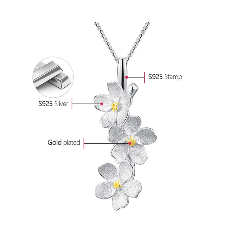 JN-002-UU】Lotus Fun Real 925 Sterling Silver Long Elegant Forget-me-not Flower Pendant Fashion Jewelry Chains and Necklace for Women Gift