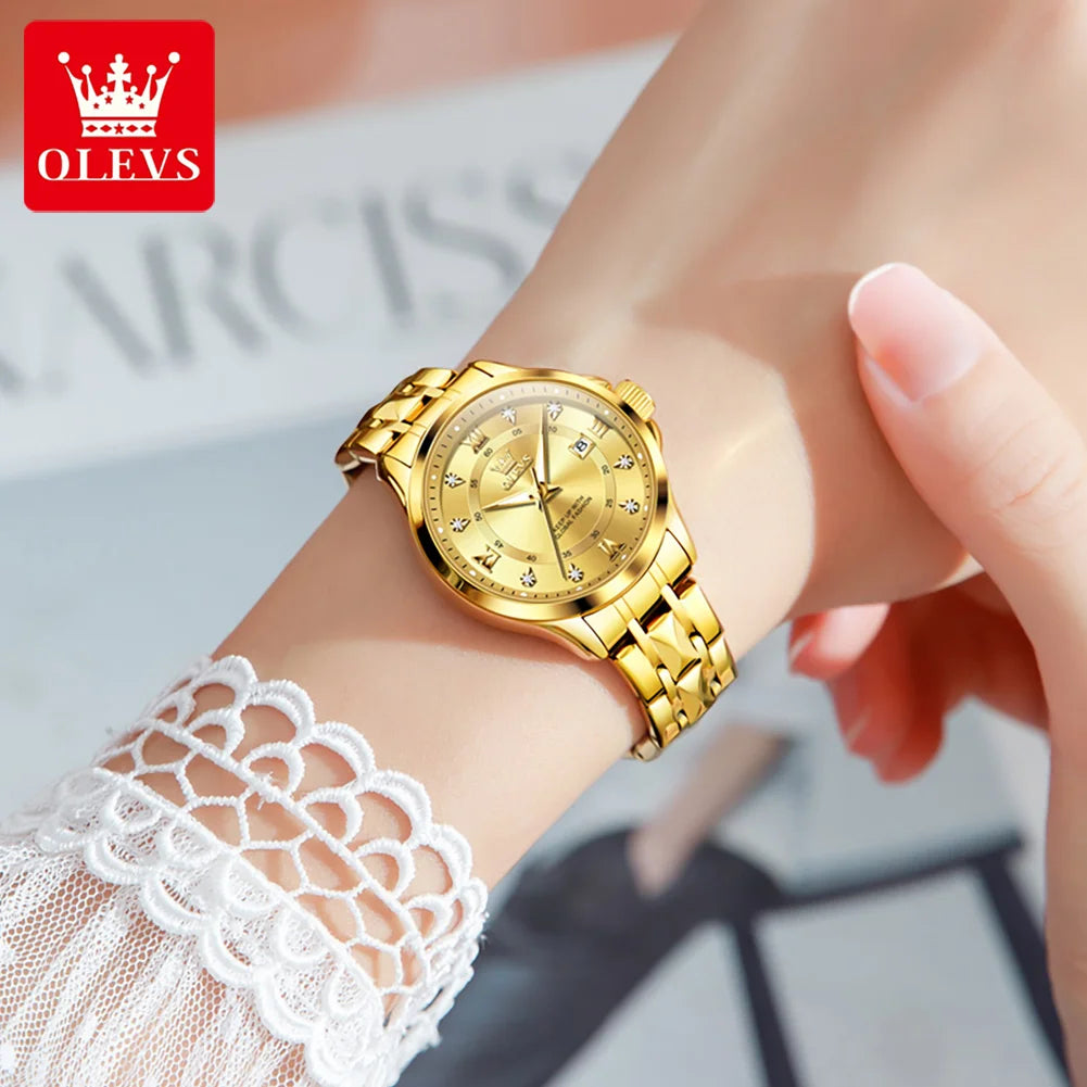 WW-001-UU】OLEVS Women‘s Watches Luxury Fashion Gold Small Wristwatch for Ladies Original Waterproof Rhombus Stainless Steel Strap Date