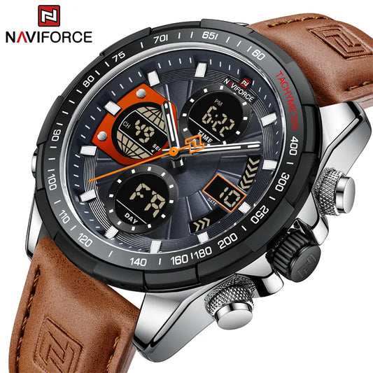 MW-005-UU】NAVIFORCE Sport Watches for Men Strong Luminous Dual Display Waterproof Quartz Genuine Leather