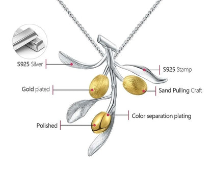 JN-003-UU】Lotus Fun Luxury Olive Leaves Branch Fruits Pendant Fashion Real 925 Sterling Silver Necklace for Women Vintage Fine Jewelry