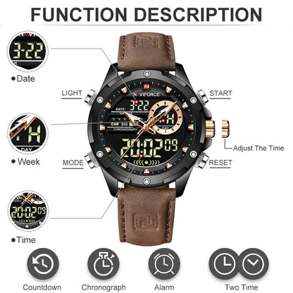 MW-004-UU】NAVIFORCE Digital Men Military Watch Waterproof Wristwatch LED Quartz Sport Male Big Watch