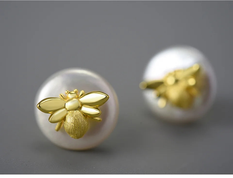 JE-021-UU】Lotus Fun Unusual Vintage Natural Baroque Pearl 18K Gold Bee Stud Earrings for Women Real 925 Sterling Silver Party Fine Jewelry