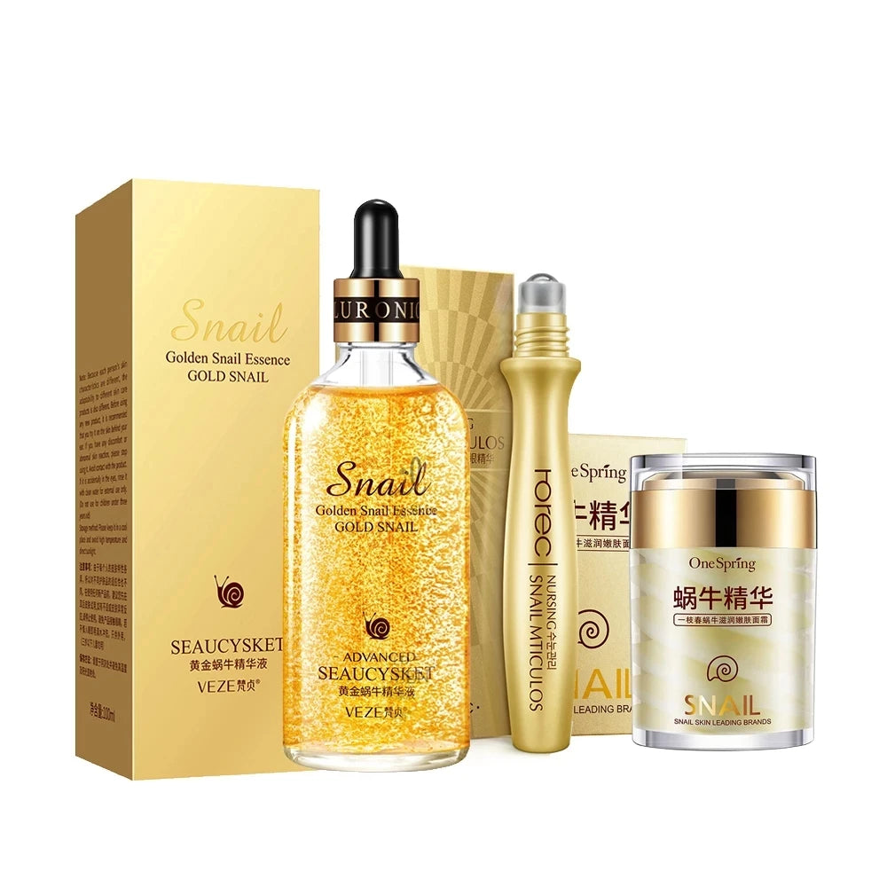 BM-013-UU】Snail Collagen Skin Care Set Golden Face Serum Nourishing Brighten Skin Anti Dryness Moisturizing Cream Soothes Skin Eye Essence