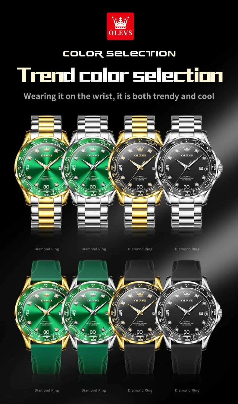 MW-007-UU】OLEVS Golden Green Quartz Watch for Men Luxury Brand Diving Waterproof Stainless steel Rubber Strap Men's Watches