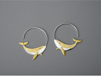 JE-003-UU】Lotus Fun 18K Gold Personality Whale Round Hoop Earrings for Women Real 925 Sterling Silver Original Animal Fashion Fine Jewelry