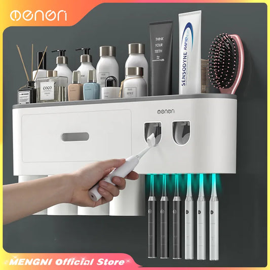 BB-001-UU】MENGNI-Magnetic Adsorption Inverted Toothbrush Holder Wall -Automatic Toothpaste Squeezer Storage Rack Bathroom Accessories