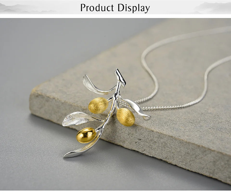 JN-003-UU】Lotus Fun Luxury Olive Leaves Branch Fruits Pendant Fashion Real 925 Sterling Silver Necklace for Women Vintage Fine Jewelry