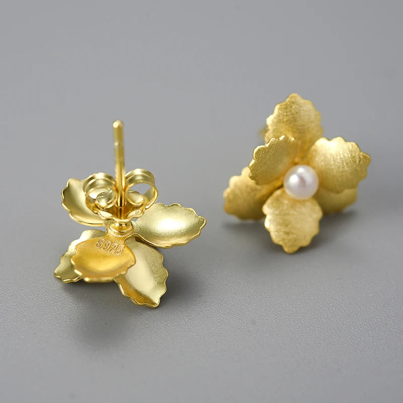 JE-016-UU】Lotus Fun Original 18K Gold Natural Pearl Delicate Begonia Flower Stud Earrings for Women 925 Sterling Silver Fashion Jewelry