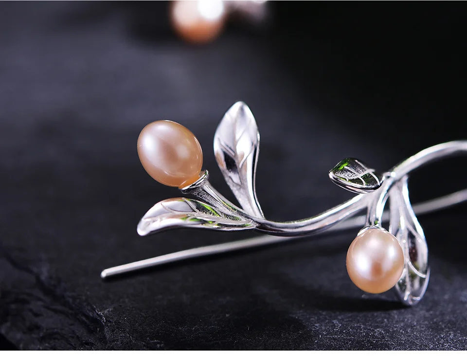 JE-022-UU】Lotus Fun Real 925 Sterling Silver Natural Pearl Earrings Fine Jewelry Waterdrops from the Olive Leaves Drop Earrings for Women